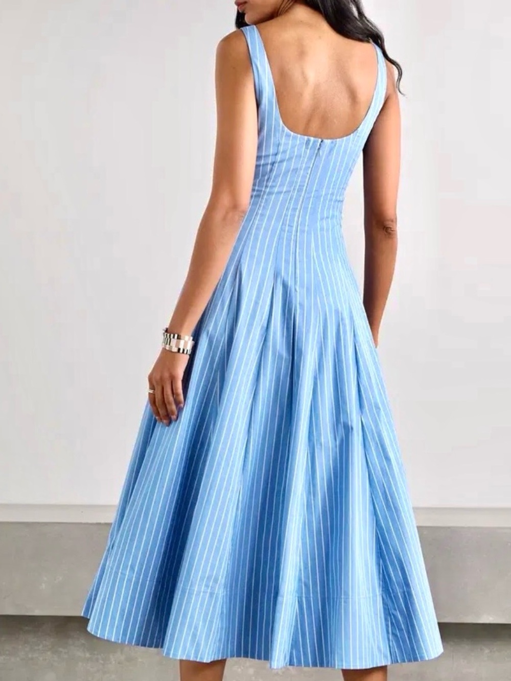 🌺🎉HP🎉🌺 NWOT Staud Wells Midi Dress Azure Pinstripe 🌟Rare Find🌟 - Picture 2 of 16